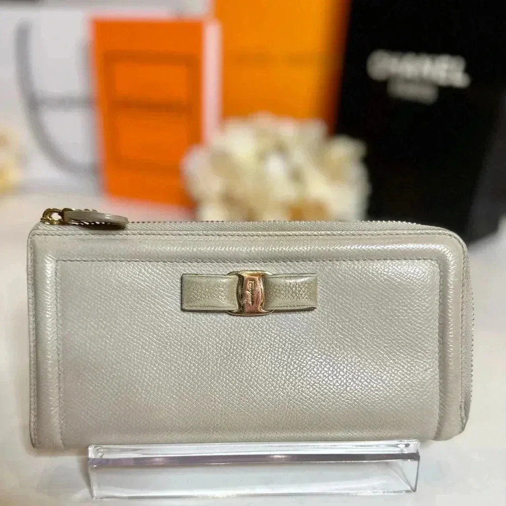 Salvatore Ferragamo Calfskin Long Wallet Beige Tan